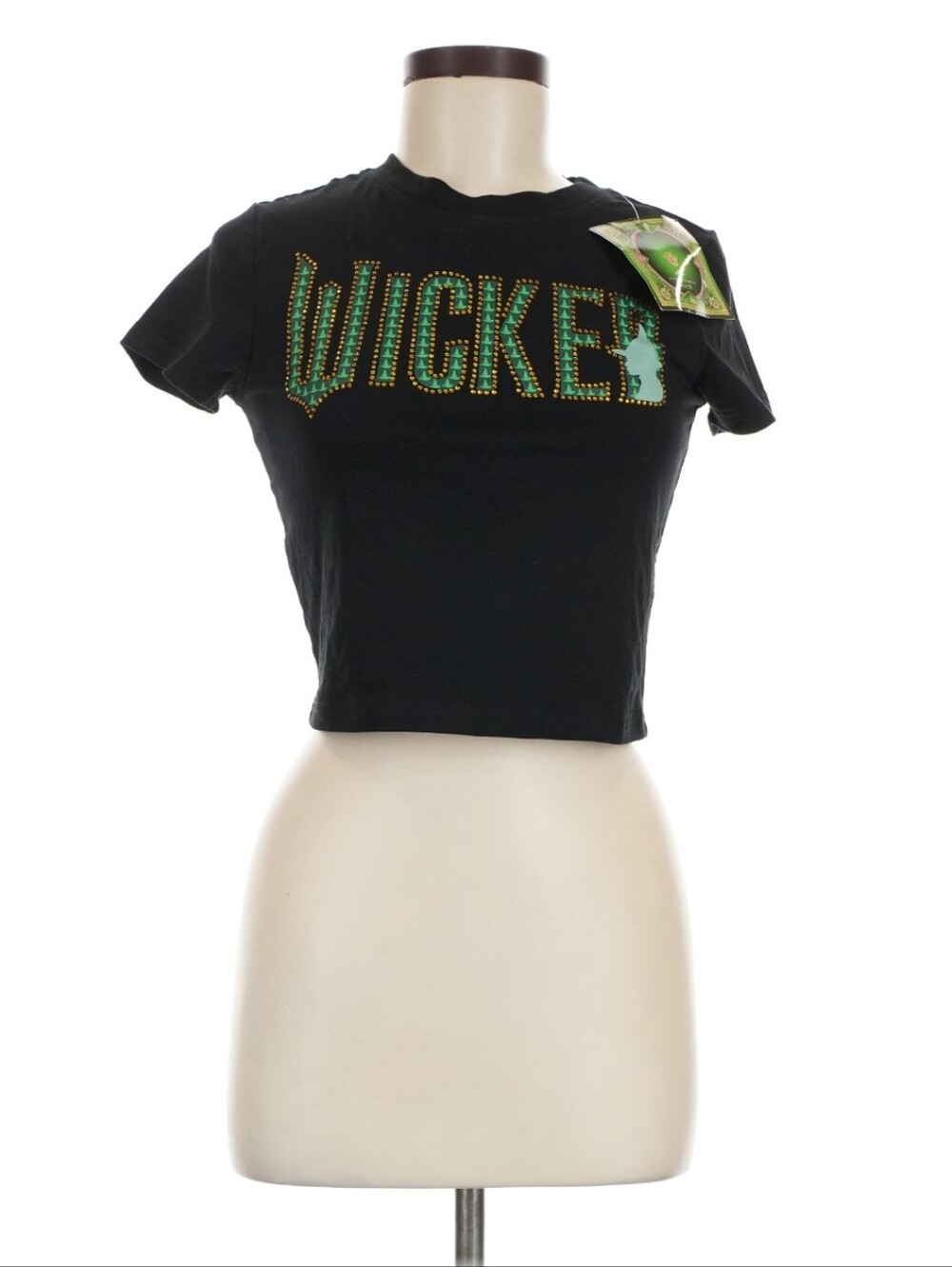 Wicked Juniors Fitted Crop T-Shirt Black Green Rhinestone Junior Size M